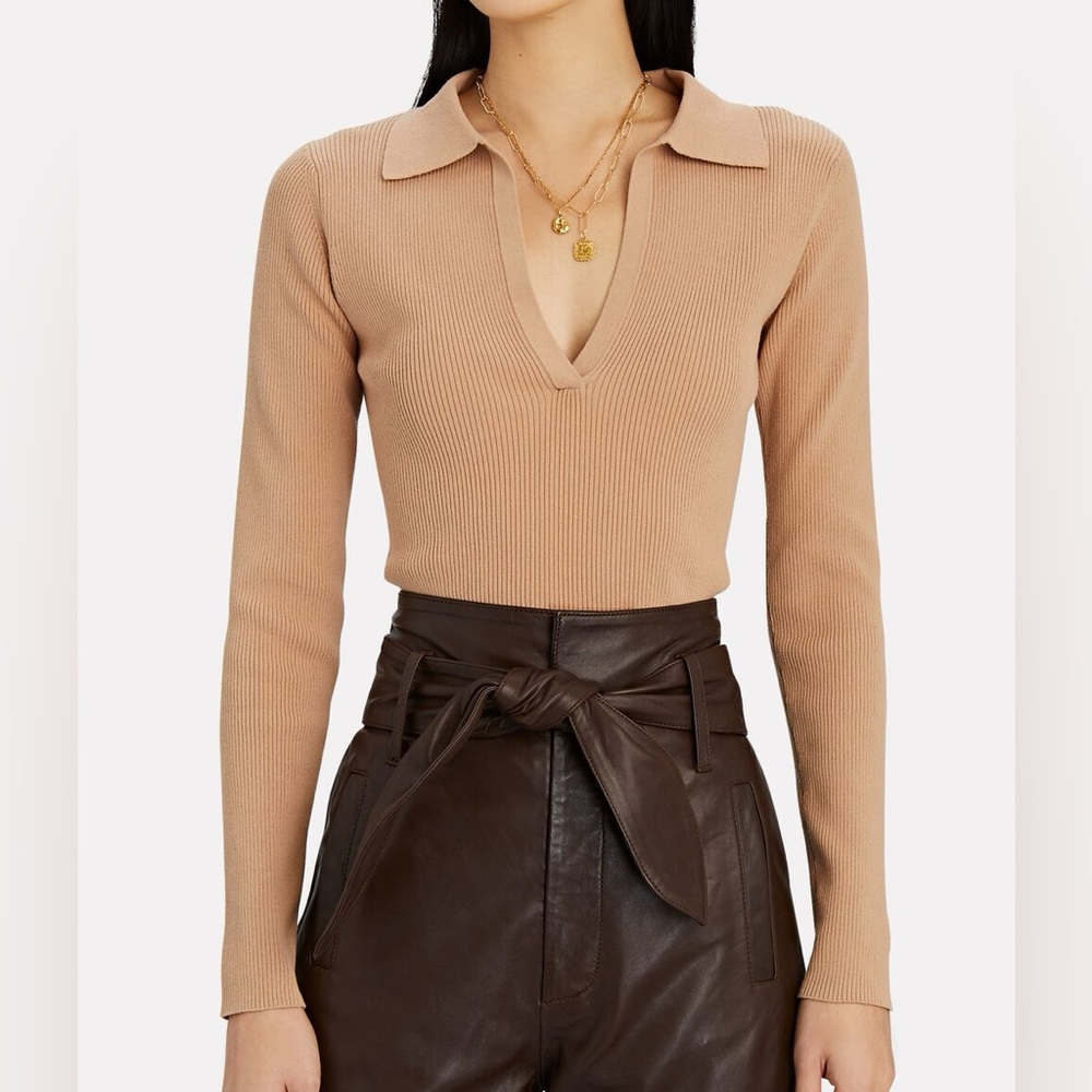 INTERMIX BEIGE NINA RIBBED V NECK SWEATER